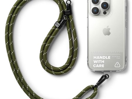 Adjustable Crossbody Polyester Rope Lanyard (Holder Link Strap with Clear TPU Tag) - Khaki & White Sale