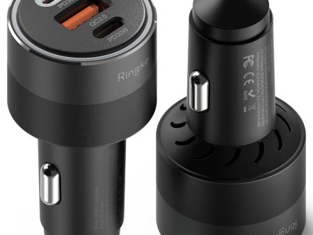 Ringke Car Charger, Fast Charge 12V USB Socket Type C Adapter with LED Light for Mobile Phone, 3-Port - Black Discount